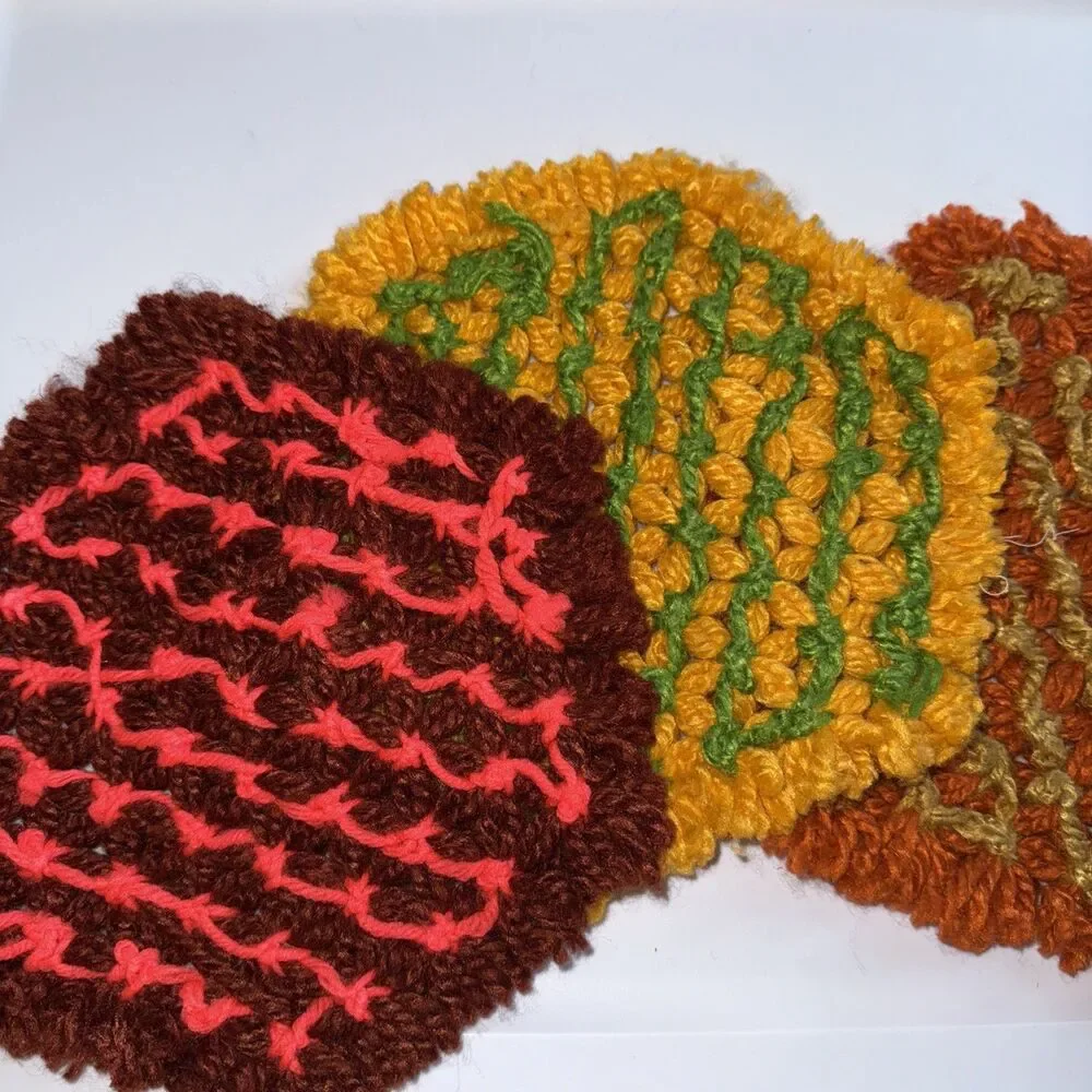 3 Vintage Crocheted  Potholders Trivets Kitsch Grandmacore Retro 60-70’s